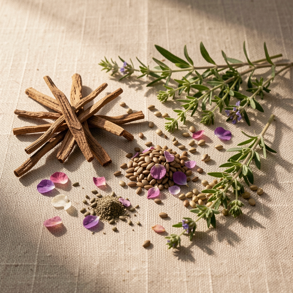 Selección de ingredientes botánicos naturales sobre superficie de lino beige: raíces secas, semillas, pétalos y hierbas aromáticas con luz natural lateral