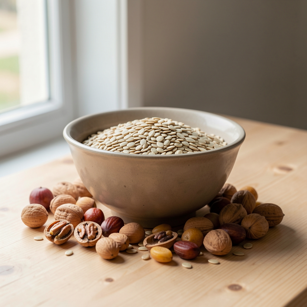 Tazón con semillas, nueces y frutas secas sobre mesa de madera clara con luz natural de ventana, composición botánica serena